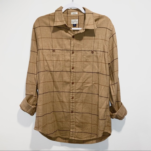 J. Crew Midweight Herringbone Flannel Shirt Tattersall Honey Brown Tan Medium